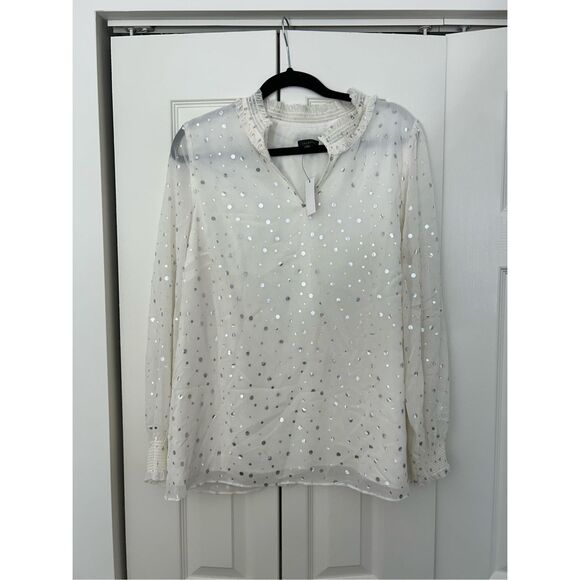 Talbots NWT Smocked Cheerful Dots Top White Silver Polka Dots, Sz XL, MSRP $109 - Picture 2 of 11